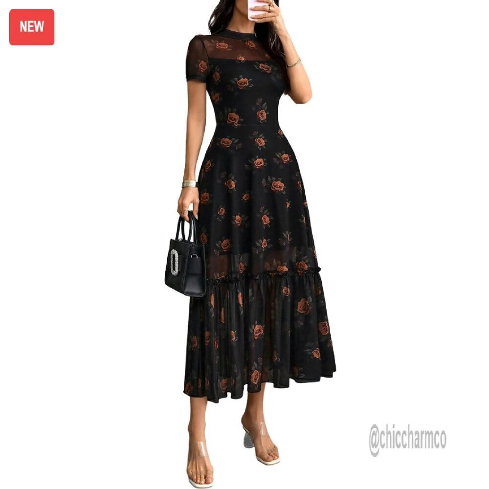 Summer Mesh Ruffle Maxi Dress Floral Bohemian Wedding Guest Casual